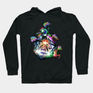 Cute tiny dragons looking into a glowing d20 dnd dice Hoodie